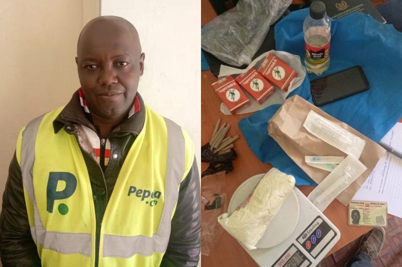 Collage photo of Ephantus Kariuki Mwangi and seized heroin.
